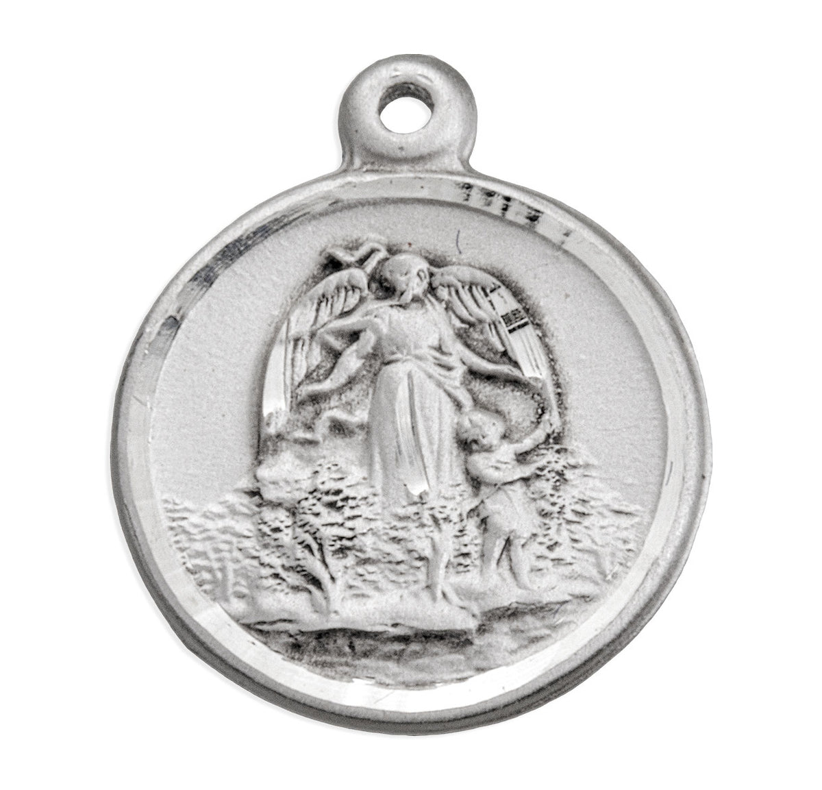Heavy Small Guardian Angel Round Medal Necklace, Sterling Silver