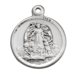 Heavy Small Guardian Angel Round Medal Necklace, Sterling Silver