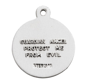 Heavy Small Guardian Angel Round Medal Necklace, Sterling Silver