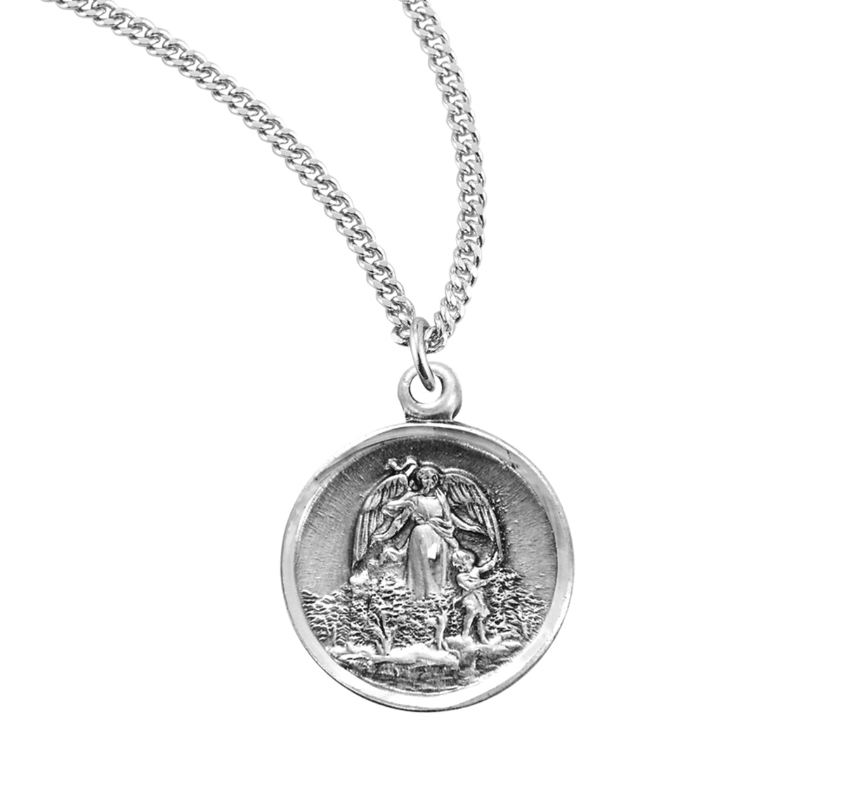 Heavy Small Guardian Angel Round Medal Necklace, Sterling Silver