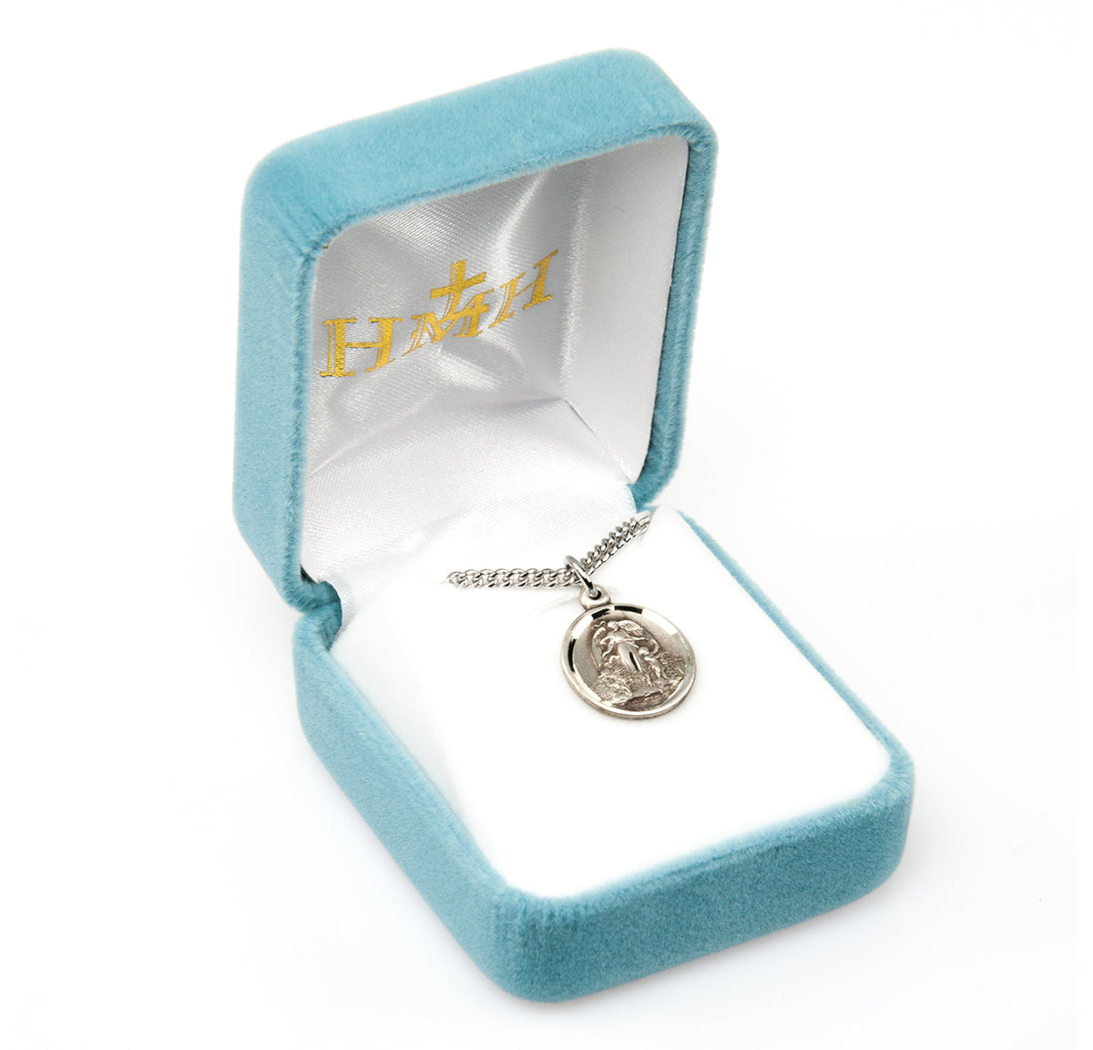 Heavy Small Guardian Angel Round Medal Necklace, Sterling Silver