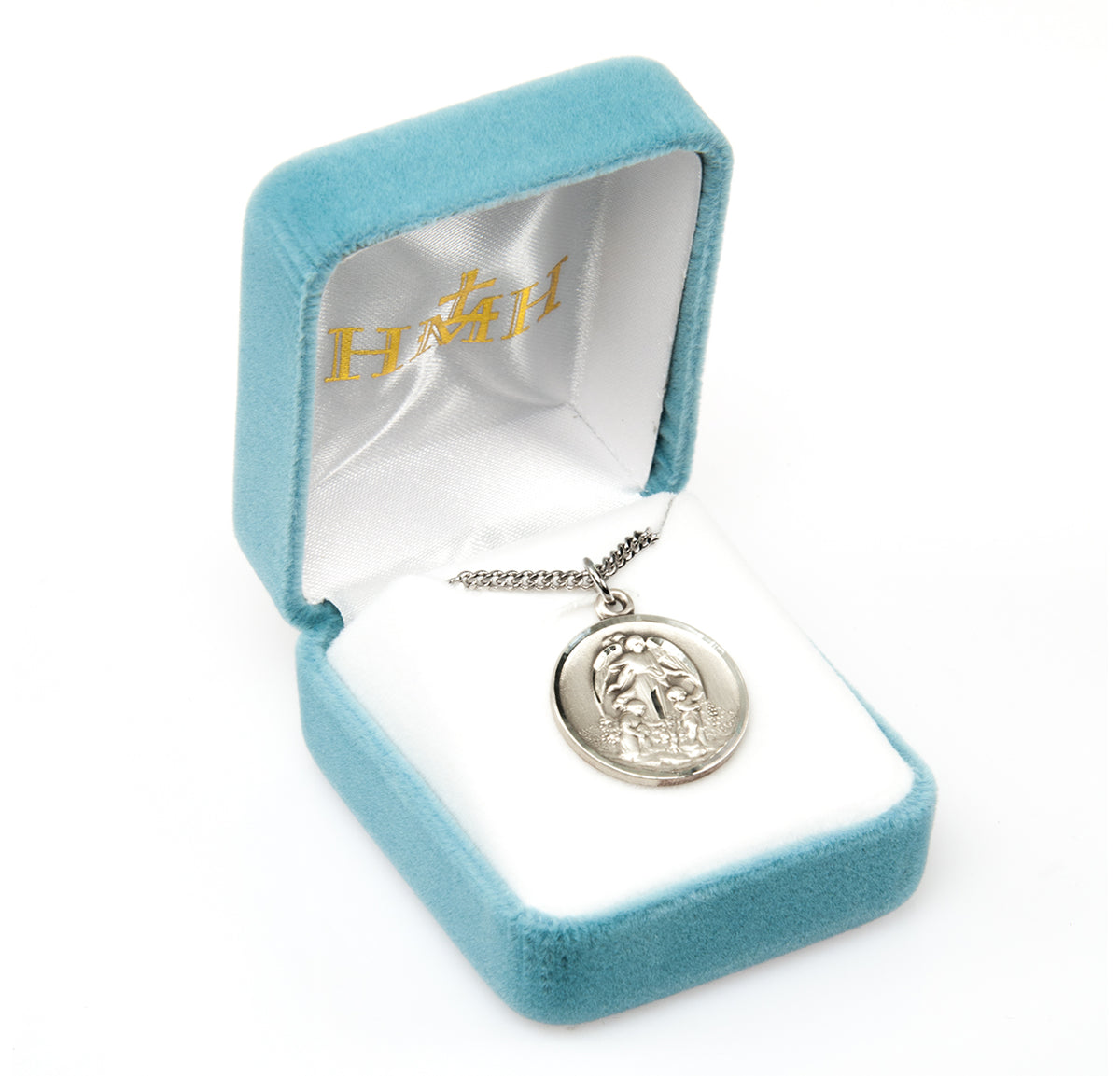 Medium Guardian Angel Round Medal Necklace, Sterling Silver