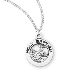 Medium Holy Baptism Round Medal Necklace, Sterling Silver