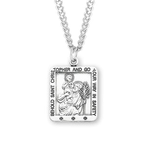 Large Saint Christopher Square Medal Necklace, Sterling Silver