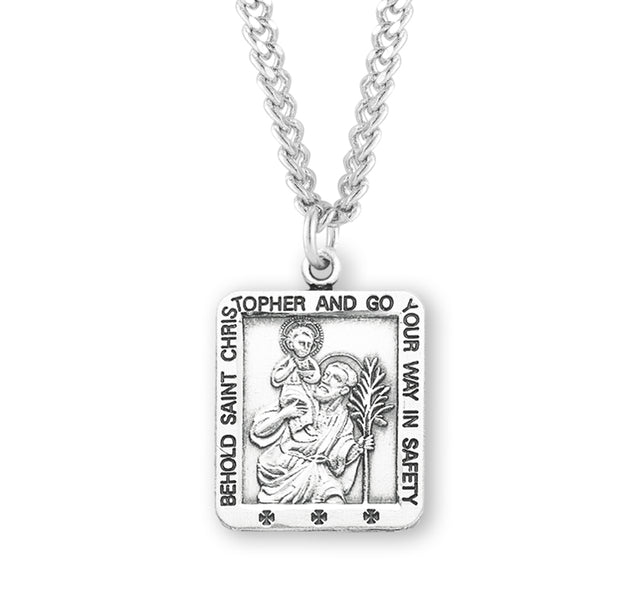 Large Saint Christopher Square Medal Necklace, Sterling Silver