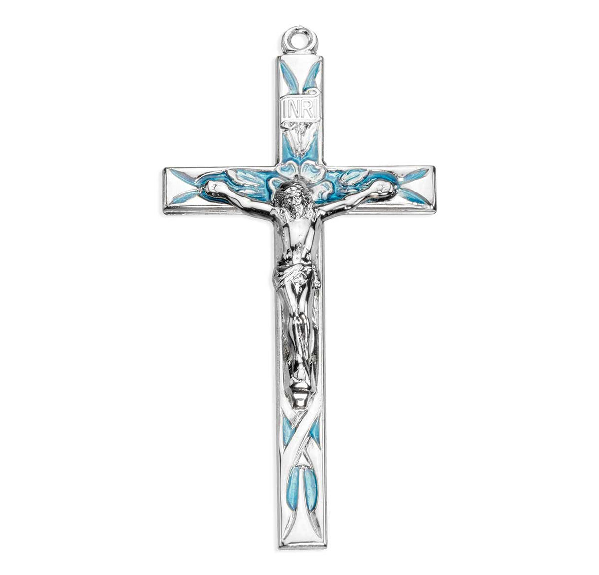 High Polish Blue Enameled Crucifix Necklace, Sterling Silver