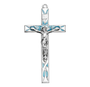 High Polish Blue Enameled Crucifix Necklace, Sterling Silver