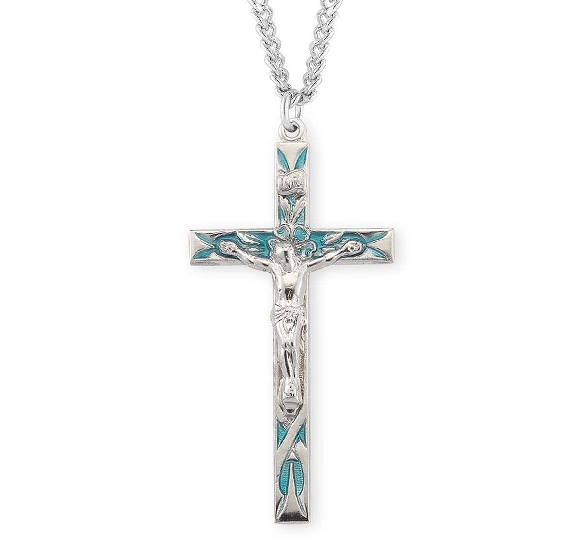 High Polish Blue Enameled Crucifix Necklace, Sterling Silver