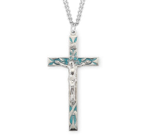 High Polish Blue Enameled Crucifix Necklace, Sterling Silver