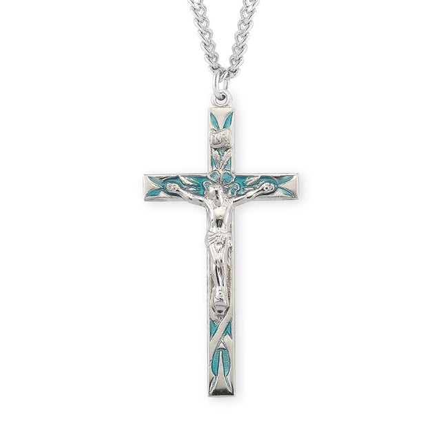 High Polish Blue Enameled Crucifix Necklace, Sterling Silver