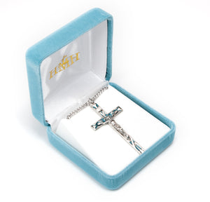 High Polish Blue Enameled Crucifix Necklace, Sterling Silver