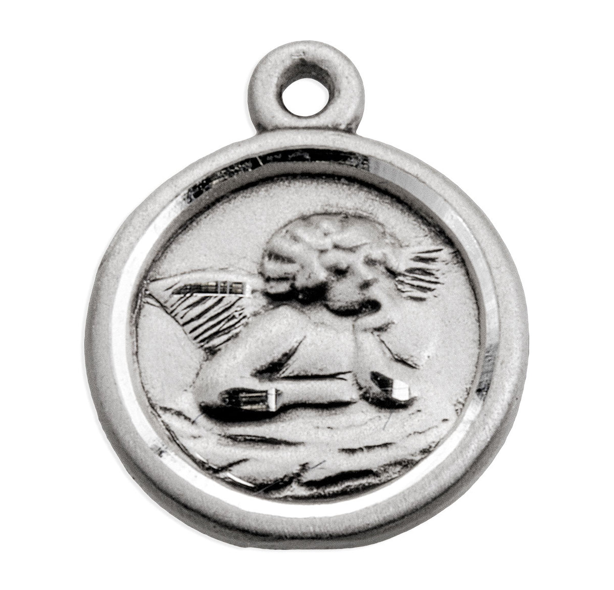 Lightweight Small Guardian Angel Round Medal Necklace, Sterling Silver