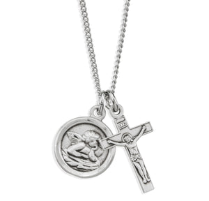 Cherub Medal and Small Crucifix Necklace, Sterling Silver