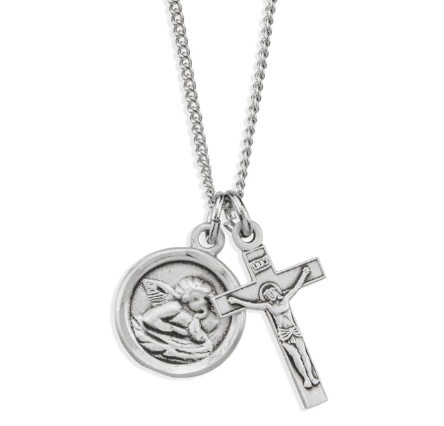 Cherub Medal and Small Crucifix Necklace, Sterling Silver