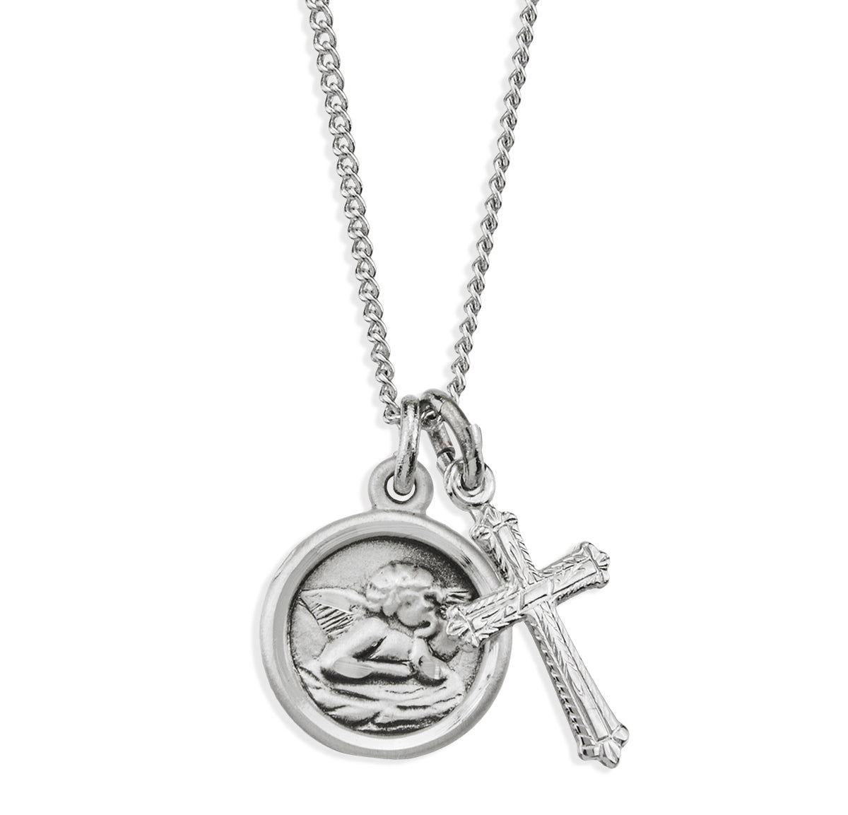 Cherub Medal and Small Cross Necklace, Sterling Silver