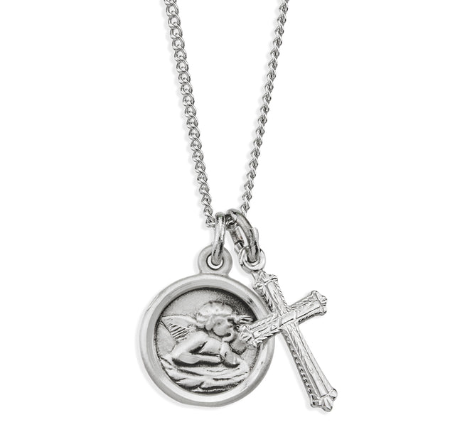 Cherub Medal and Small Cross Necklace, Sterling Silver