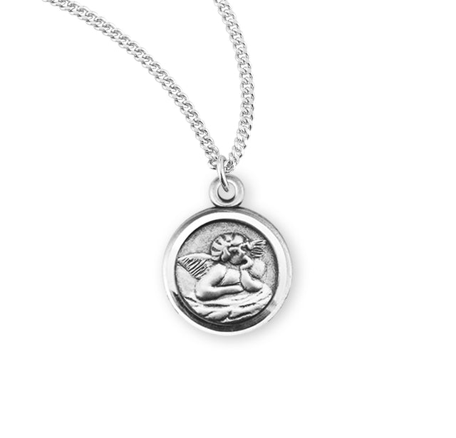 Lightweight Small Guardian Angel Round Medal Necklace, Sterling Silver