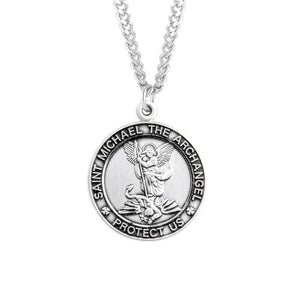 Large Saint Michael Medal Necklace, Sterling Silver
