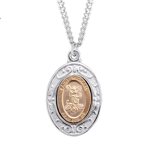 Bordered Saint Michael Pendant Necklace, Sterling Silver