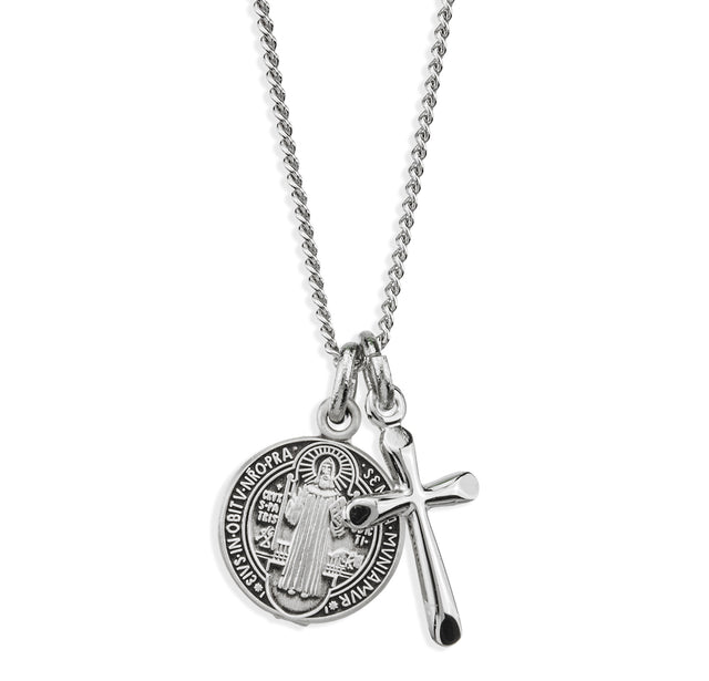Saint Benedict Medal and Small Cross Necklace, Sterling Silver