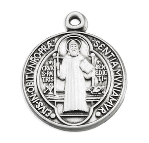Small Double-Sided Saint Benedict Round Medal Necklace, Sterling Silver