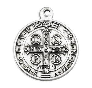 Small Double-Sided Saint Benedict Round Medal Necklace, Sterling Silver