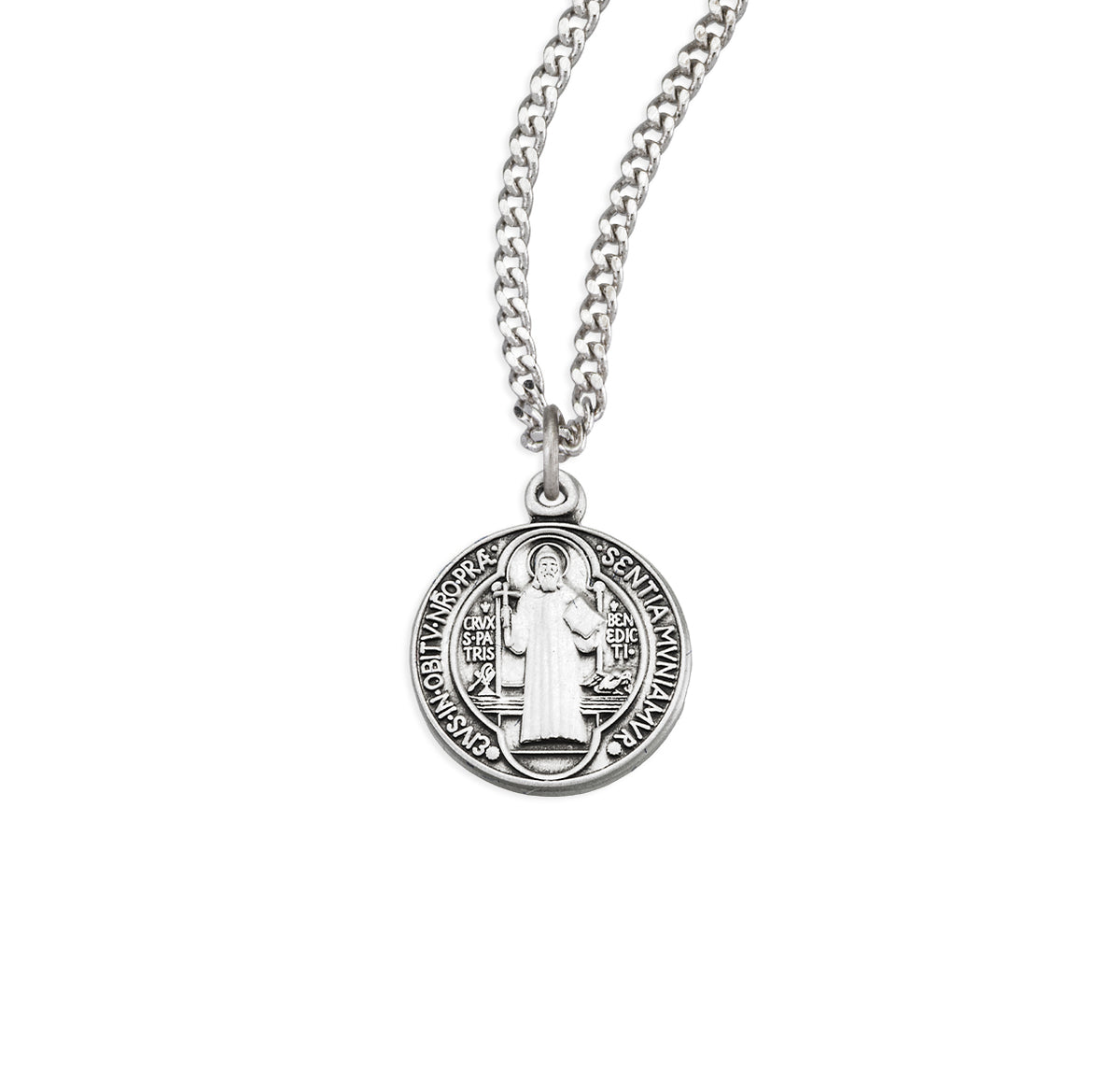 Small Double-Sided Saint Benedict Round Medal Necklace, Sterling Silver
