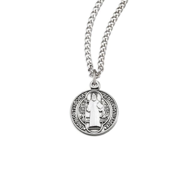 Small Double-Sided Saint Benedict Round Medal Necklace, Sterling Silver