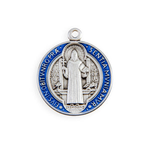 Medium Double-Sided Saint Benedict Round Blue and Red Enameled Jubilee Medal Necklace, Sterling Silver