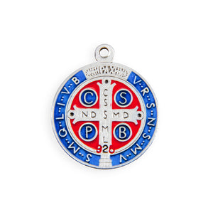 Medium Double-Sided Saint Benedict Round Blue and Red Enameled Jubilee Medal Necklace, Sterling Silver
