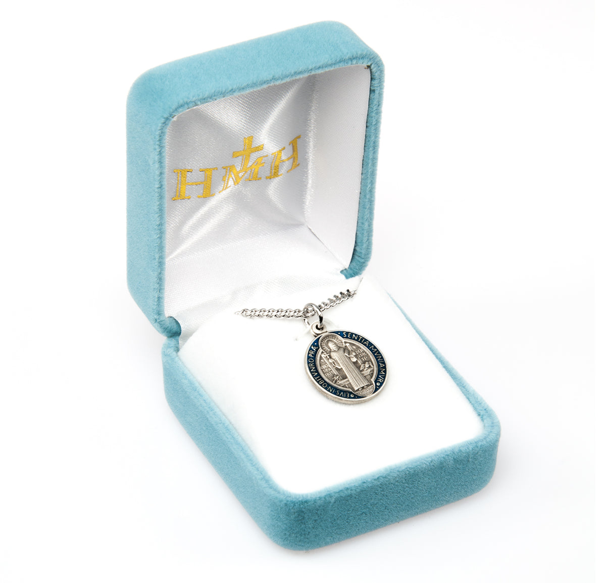 Medium Double-Sided Saint Benedict Round Blue and Red Enameled Jubilee Medal Necklace, Sterling Silver
