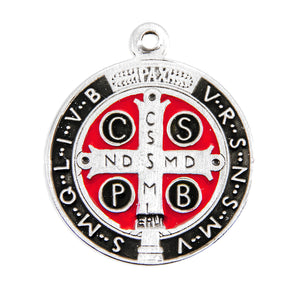 Saint Benedict Pendant Necklace with Black and Red Enamel, Sterling Silver