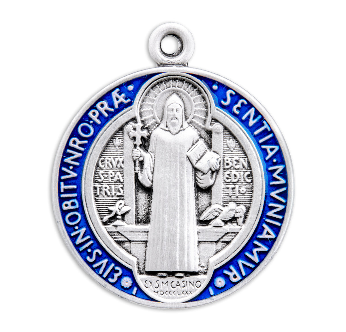 Large Double-Sided Saint Benedict Round Blue and Red Enameled Jubilee Medal Necklace, Sterling Silver