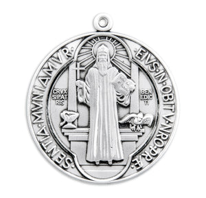 Lightweight Extra Large Double-Sided Saint Benedict Round Jubilee Medal Necklace, Sterling Silver