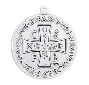 Lightweight Extra Large Double-Sided Saint Benedict Round Jubilee Medal Necklace, Sterling Silver