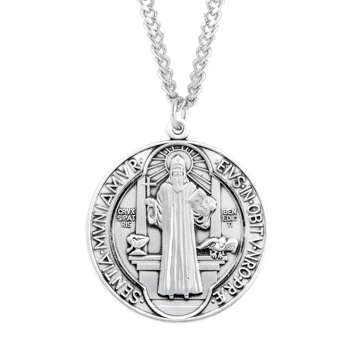 Lightweight Extra Large Double-Sided Saint Benedict Round Jubilee Medal Necklace, Sterling Silver
