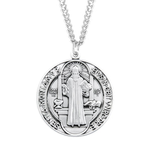 Lightweight Extra Large Double-Sided Saint Benedict Round Jubilee Medal Necklace, Sterling Silver