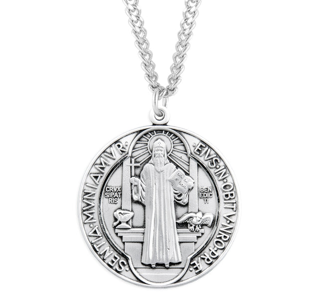 Lightweight Extra Large Double-Sided Saint Benedict Round Jubilee Medal Necklace, Sterling Silver