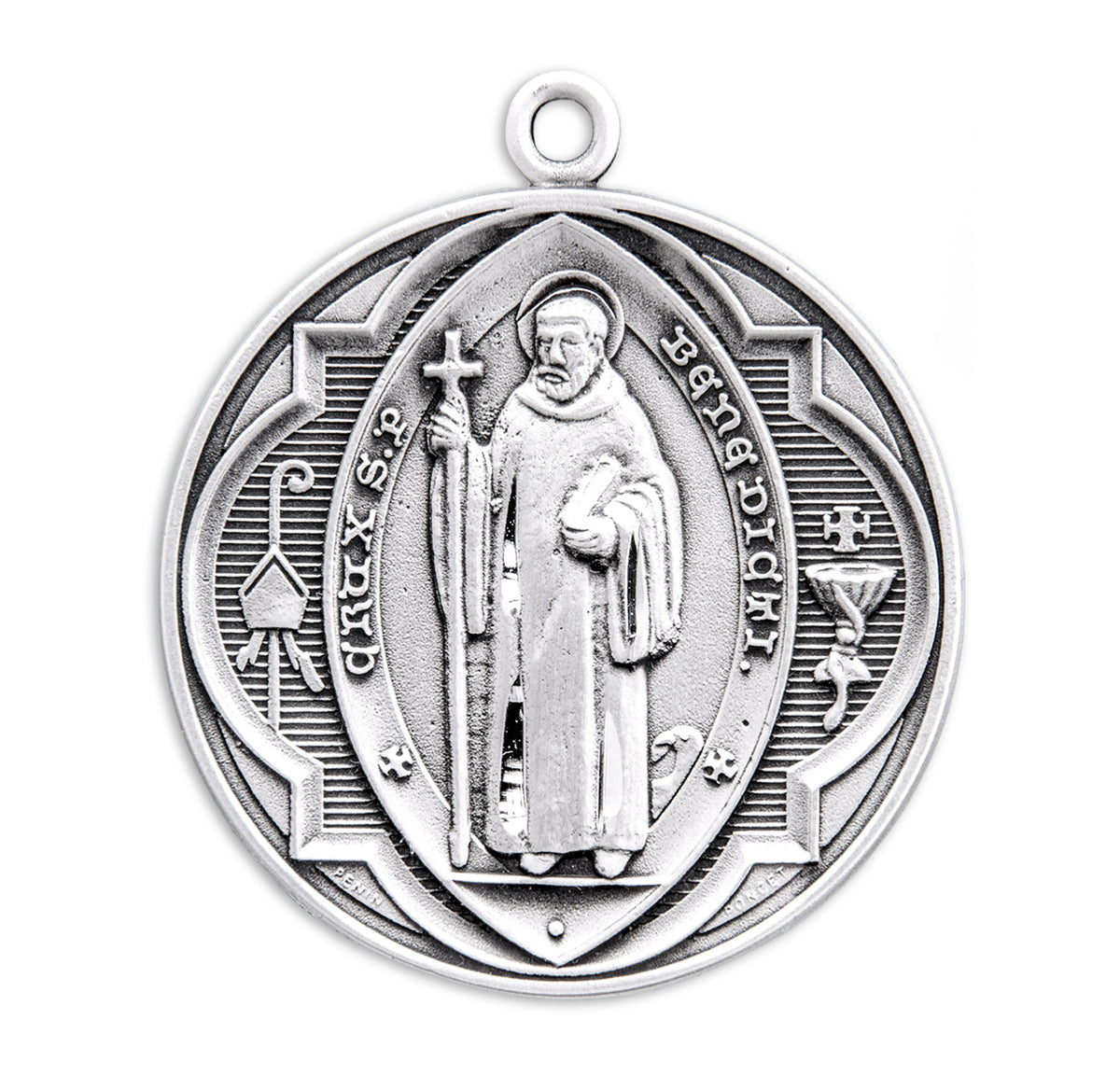 Heavy Extra Large Double-Sided Saint Benedict Round Jubilee Medal Necklace, Sterling Silver