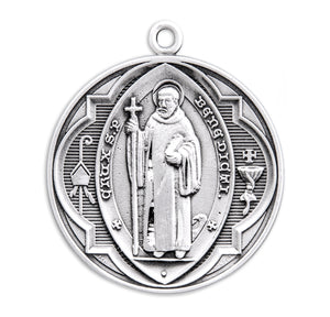Heavy Extra Large Double-Sided Saint Benedict Round Jubilee Medal Necklace, Sterling Silver