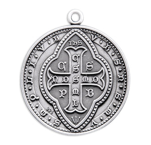 Heavy Extra Large Double-Sided Saint Benedict Round Jubilee Medal Necklace, Sterling Silver