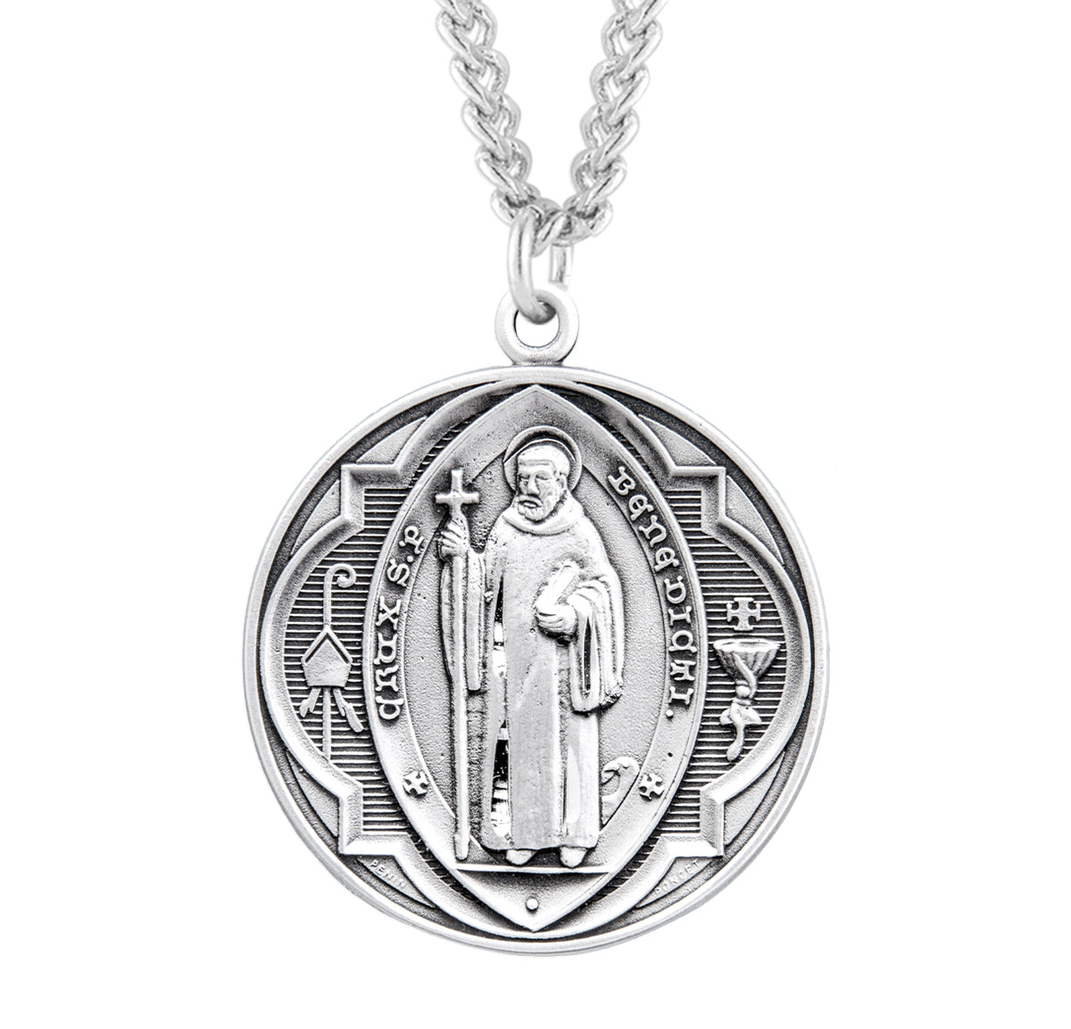 Heavy Extra Large Double-Sided Saint Benedict Round Jubilee Medal Necklace, Sterling Silver