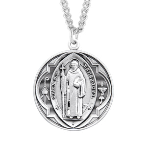 Heavy Extra Large Double-Sided Saint Benedict Round Jubilee Medal Necklace, Sterling Silver