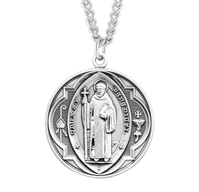 Heavy Extra Large Double-Sided Saint Benedict Round Jubilee Medal Necklace, Sterling Silver