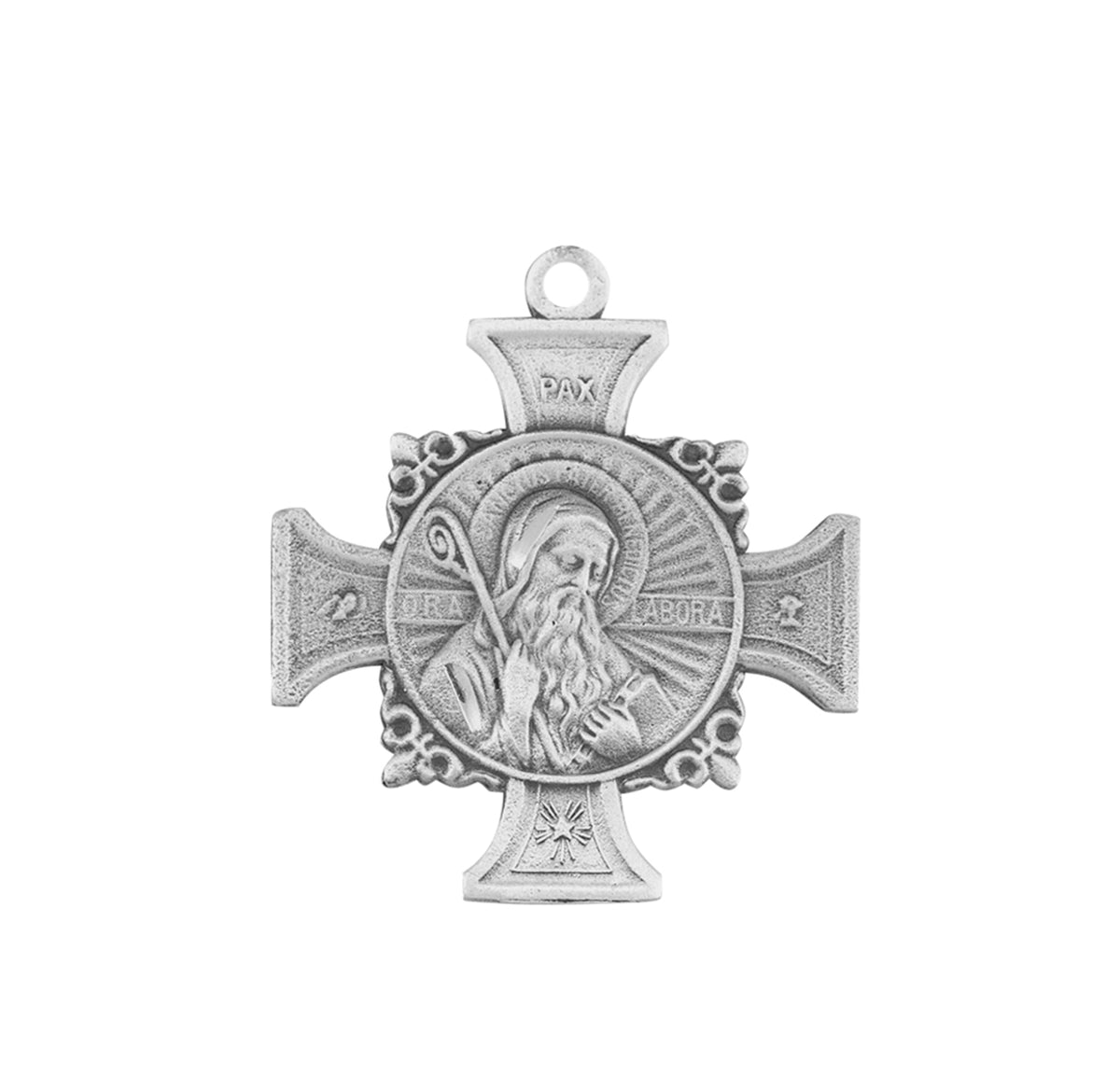Saint Benedict Bust Medal Cross Necklace, Sterling Silver