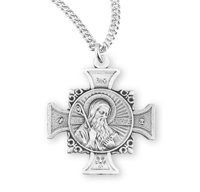 Saint Benedict Bust Medal Cross Necklace, Sterling Silver