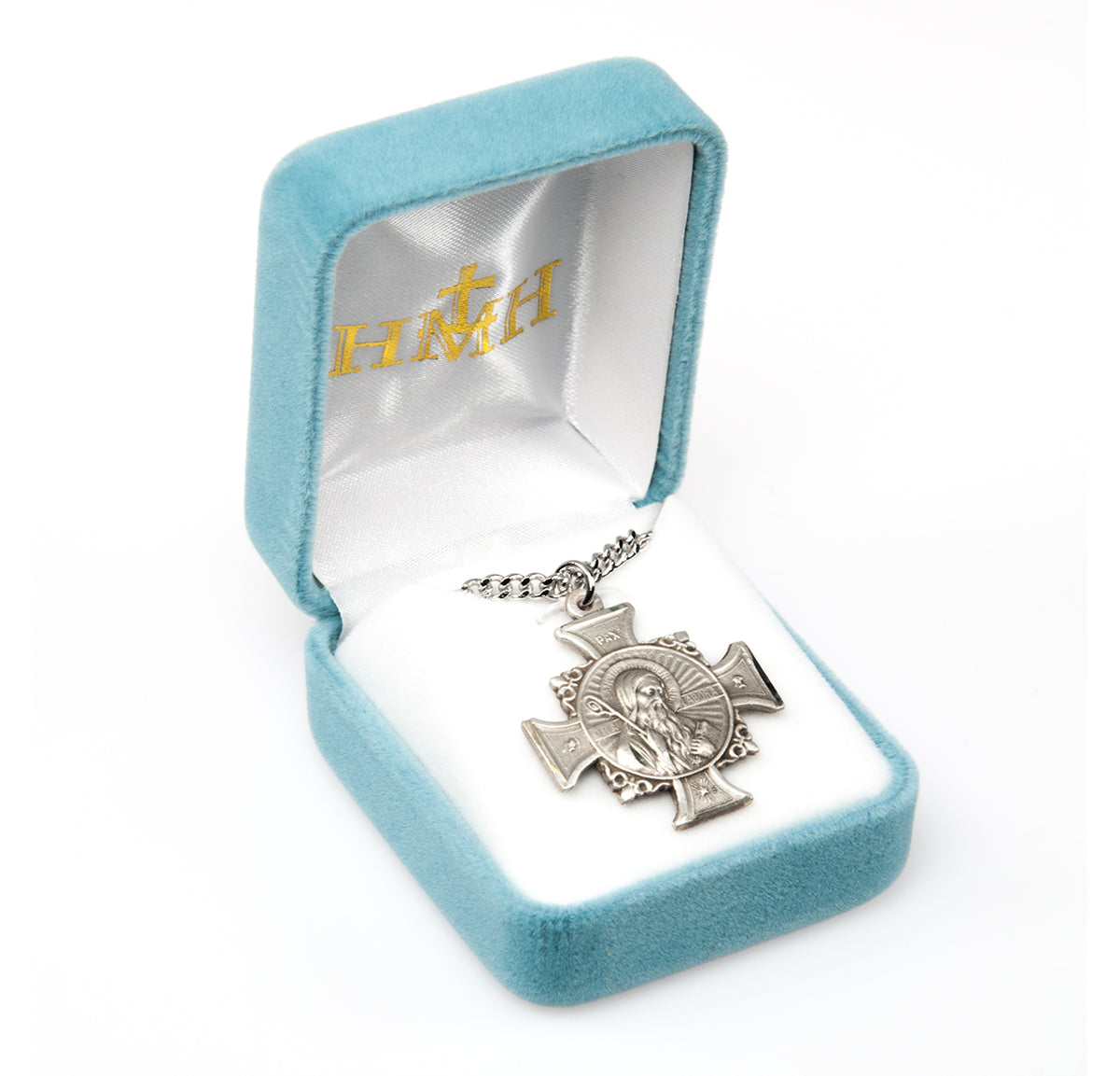 Saint Benedict Bust Medal Cross Necklace, Sterling Silver