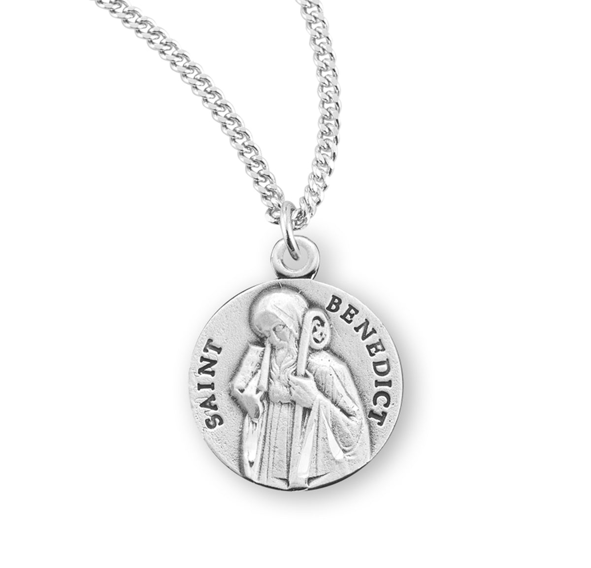 Saint Benedict Profile Round Medal Necklace, Sterling Silver