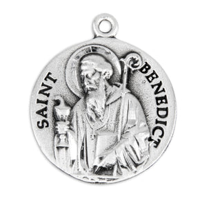 Saint Benedict Bust Round Medal Necklace, Sterling Silver