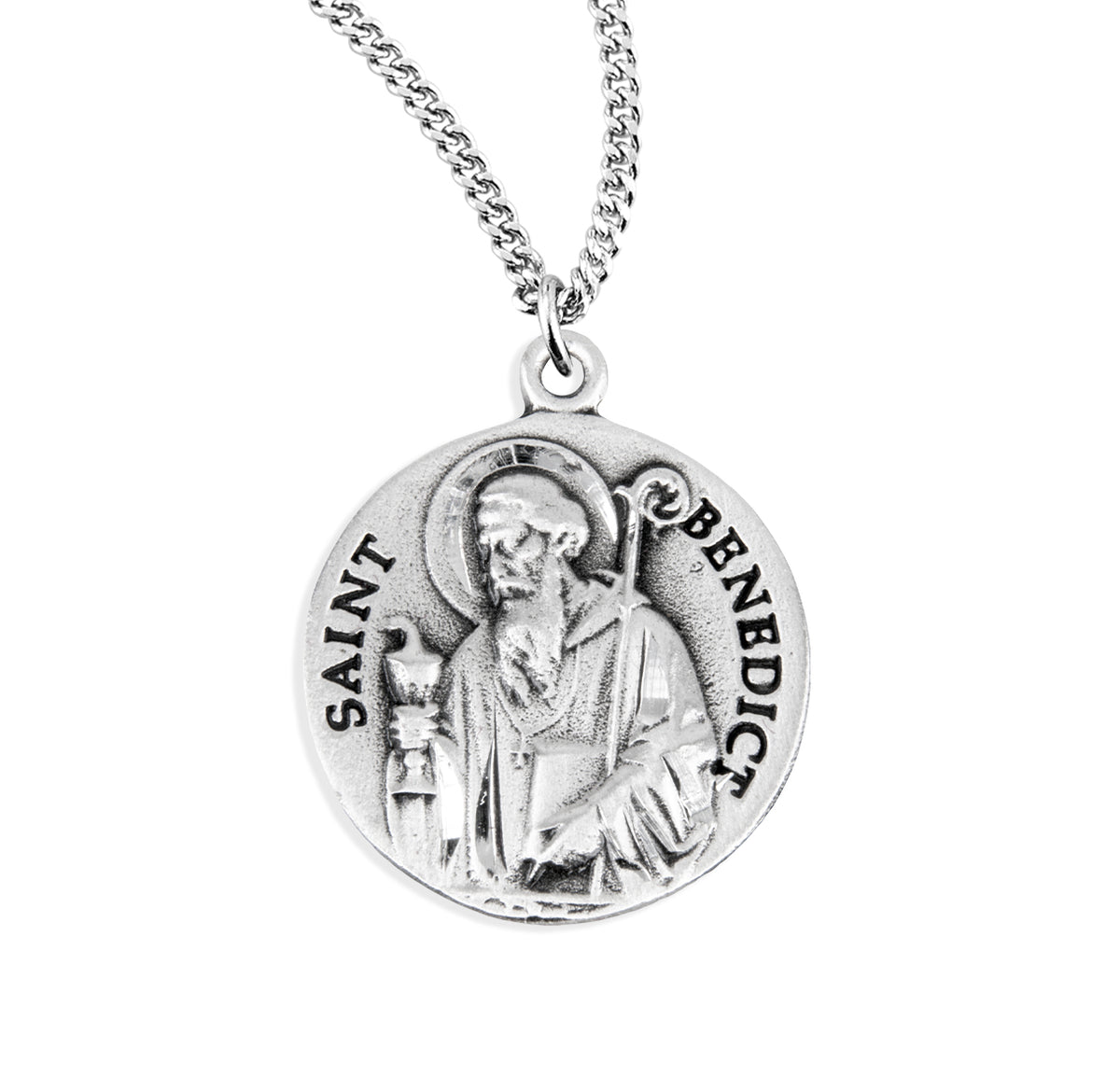 Saint Benedict Bust Round Medal Necklace, Sterling Silver